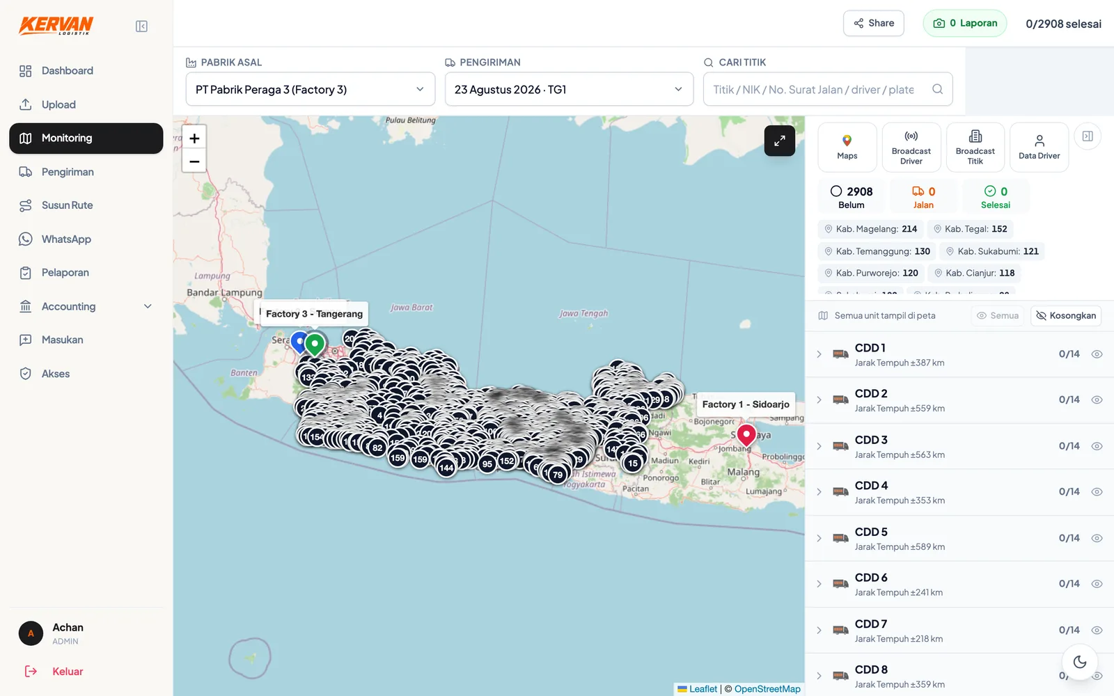 Layar monitoring Kervan FMS: peta ratusan titik pengiriman, daftar unit beserta driver dan progres