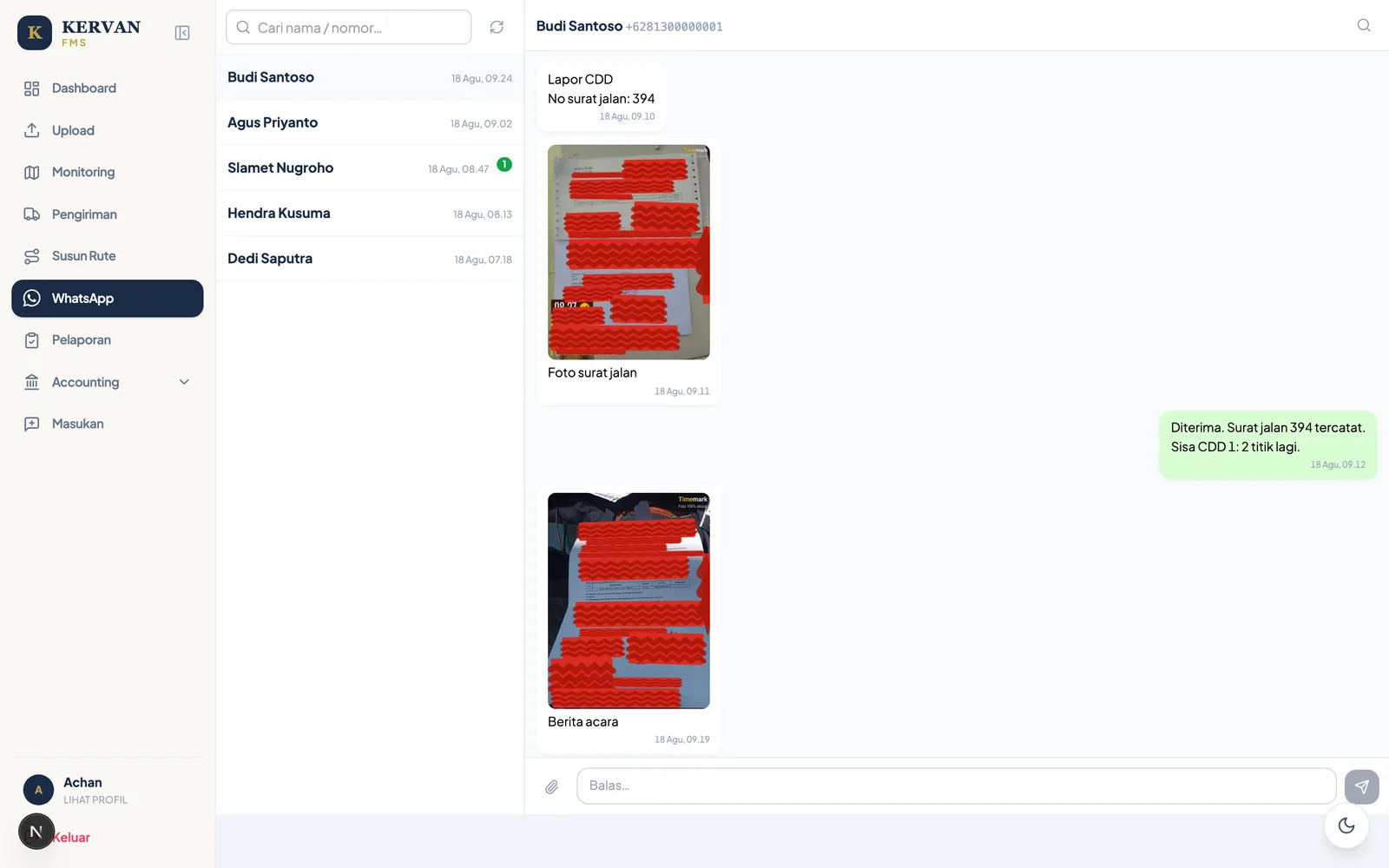 Inbox WhatsApp Kervan FMS berisi laporan driver